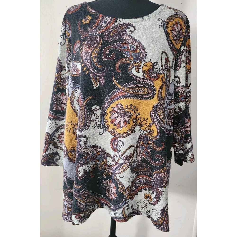 Zac & Rachel Womens 1X 3/4 Sleeve Paisley Print Knit Top Tunic Shirt Plus